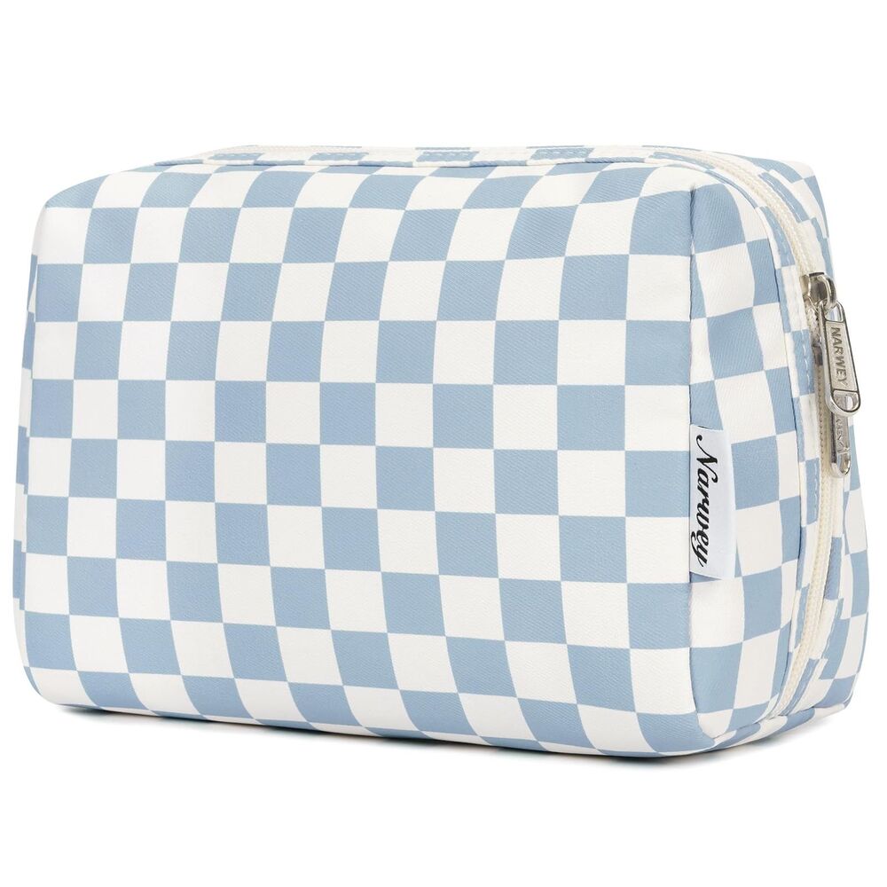 Narwey Large Makeup Bag Travel Cosmetic Toiletry Organizer Sky Blue Checkered